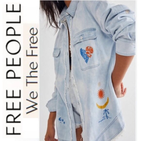 Free People Jackets & Blazers - Free People Reef Break Top Shirt Embroidered Distressed Oversized Size small